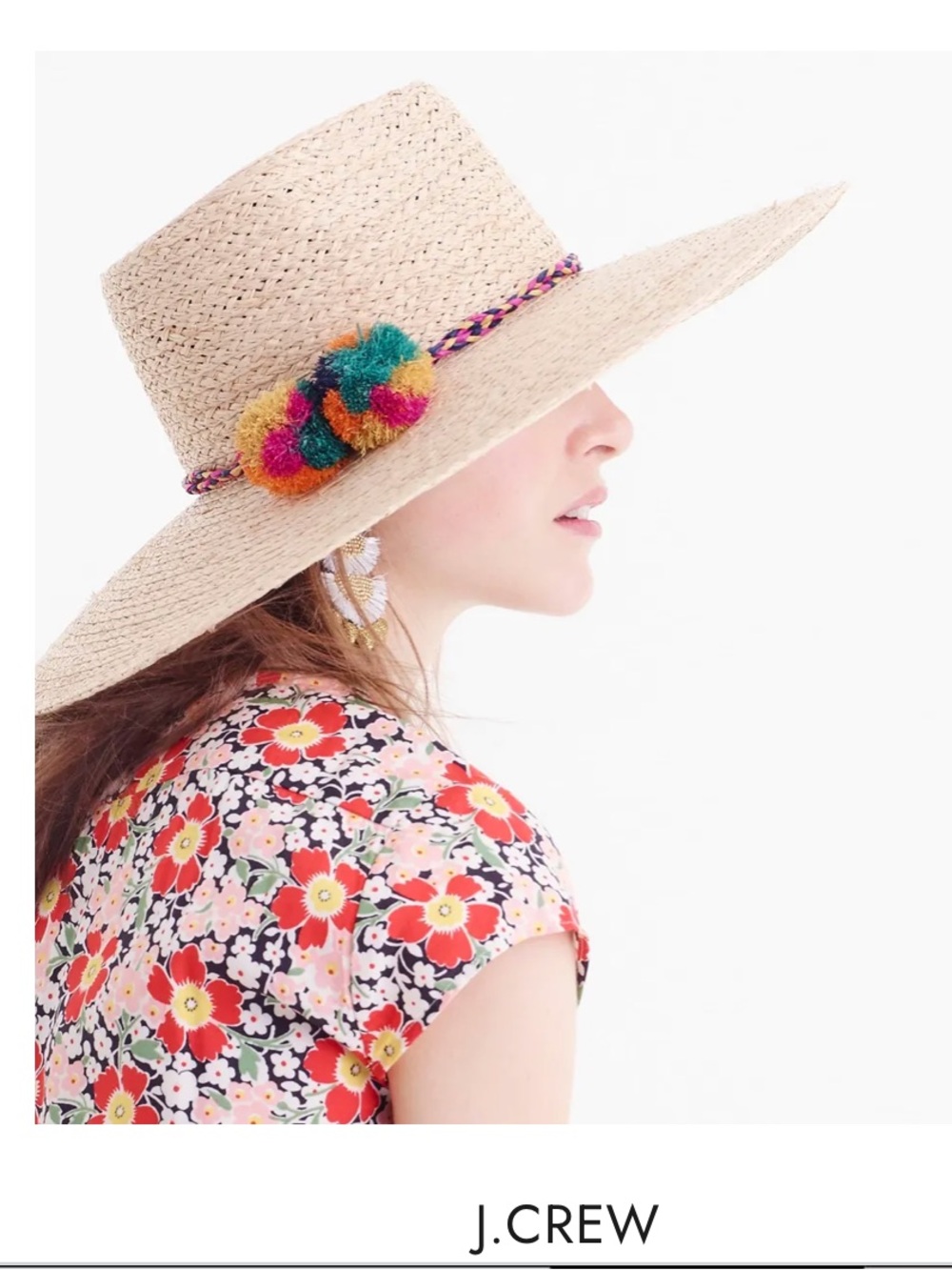 J. Crew Wide-Brim Straw Hat with Multicolor Pom Trim - Natural